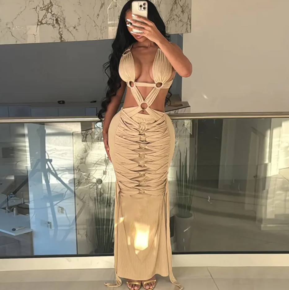 Hollow-Out Lace-Up Sheath Dress