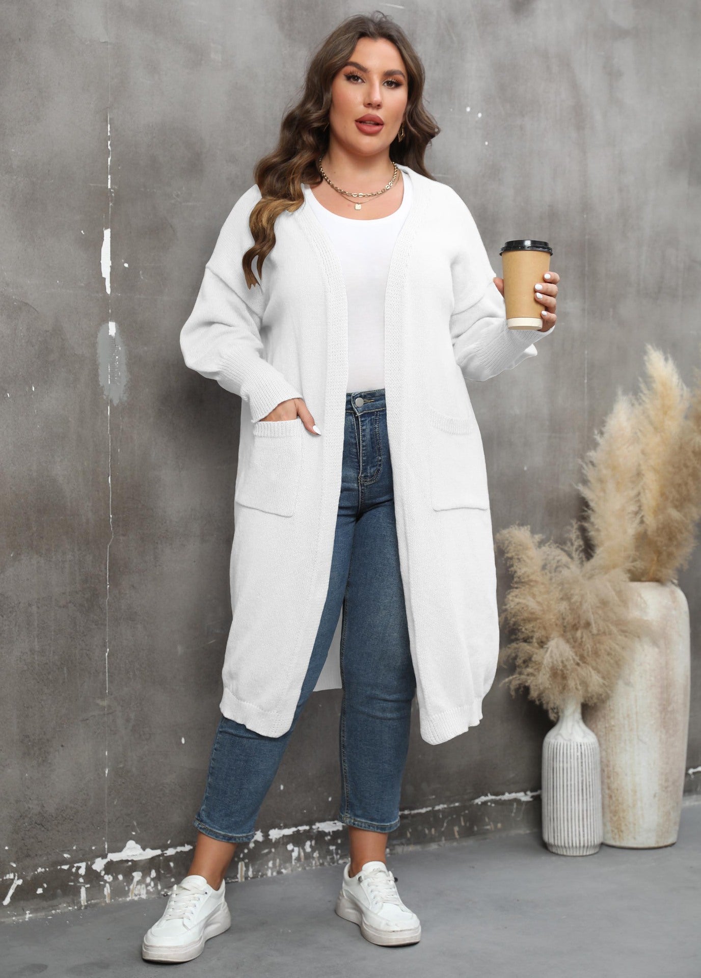 Large Loose Mid-Length Woven Sweater Coat with Pockets