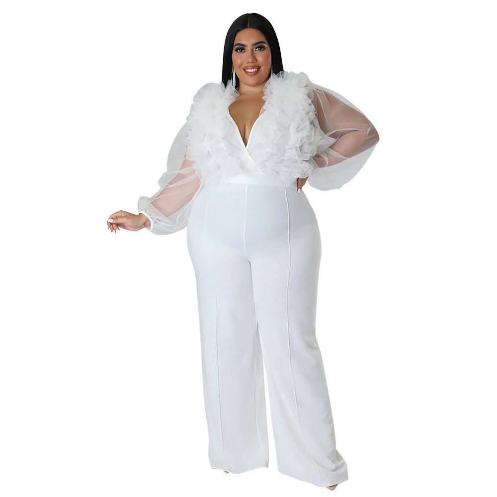 Plus Size Mesh Jumpsuit with Ruffles and Deep V Neck