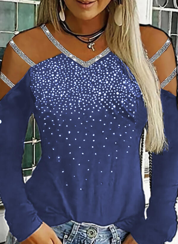 Multicolor Women's Long Sleeve V-Neck Rhinestone Top