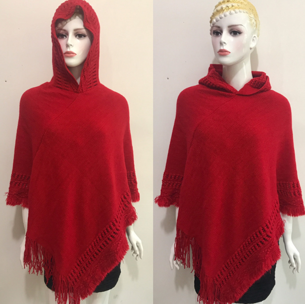 Hooded Solid Color Fringe Cape Shawl