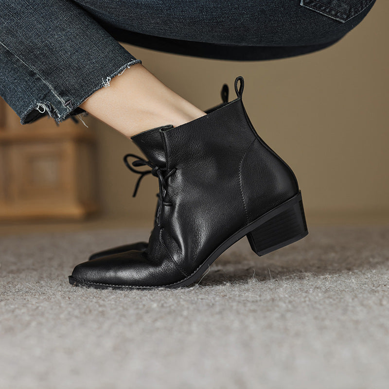 Pointed-Toe Lace Chunky Heel Cowhide Martin Boots