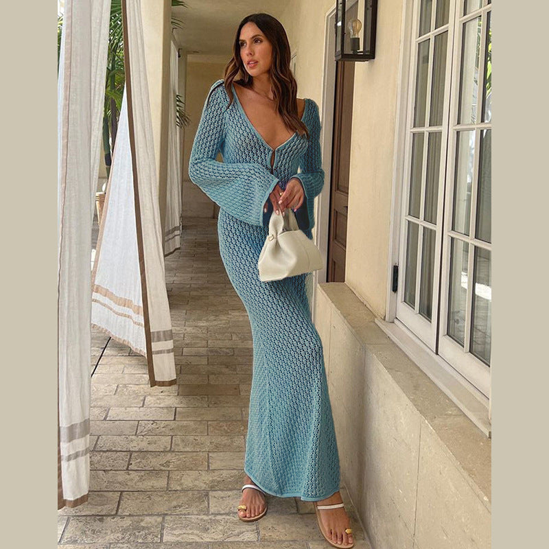 Summer Women's Solid Color Knitted Beach Cover-Up Dress