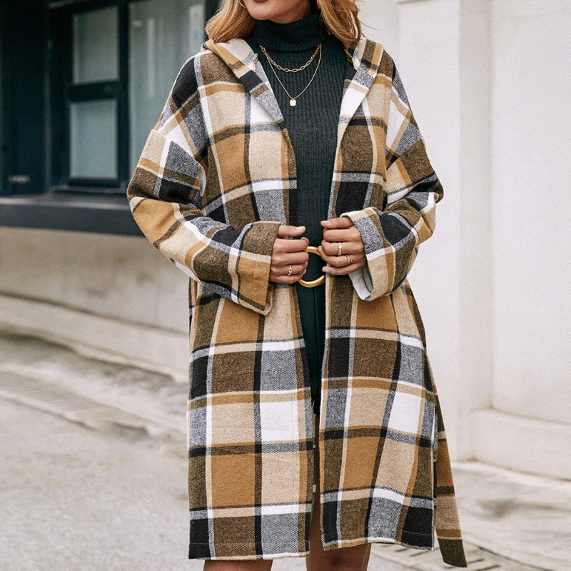 Plaid Belted Hooded Mid-Length Casual Coat