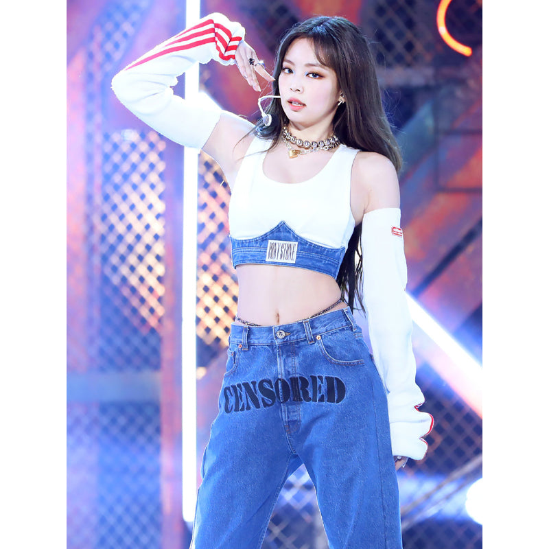 Stylish Stage Outfit with Embroidered Denim Pants Set