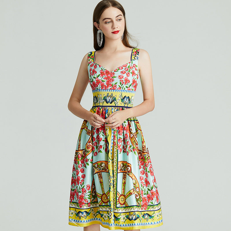 Tight-Waist Western-Style Print Holiday Dress