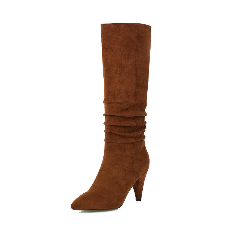 Tapered Heel Pointed Toe Leather Velvet High Boots