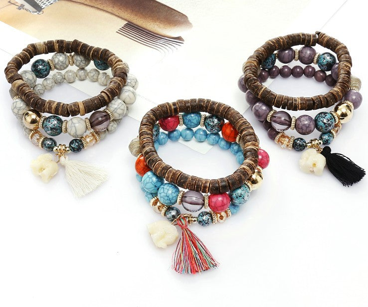 Stylish Elephant Charm Beaded Bracelet with Tassels