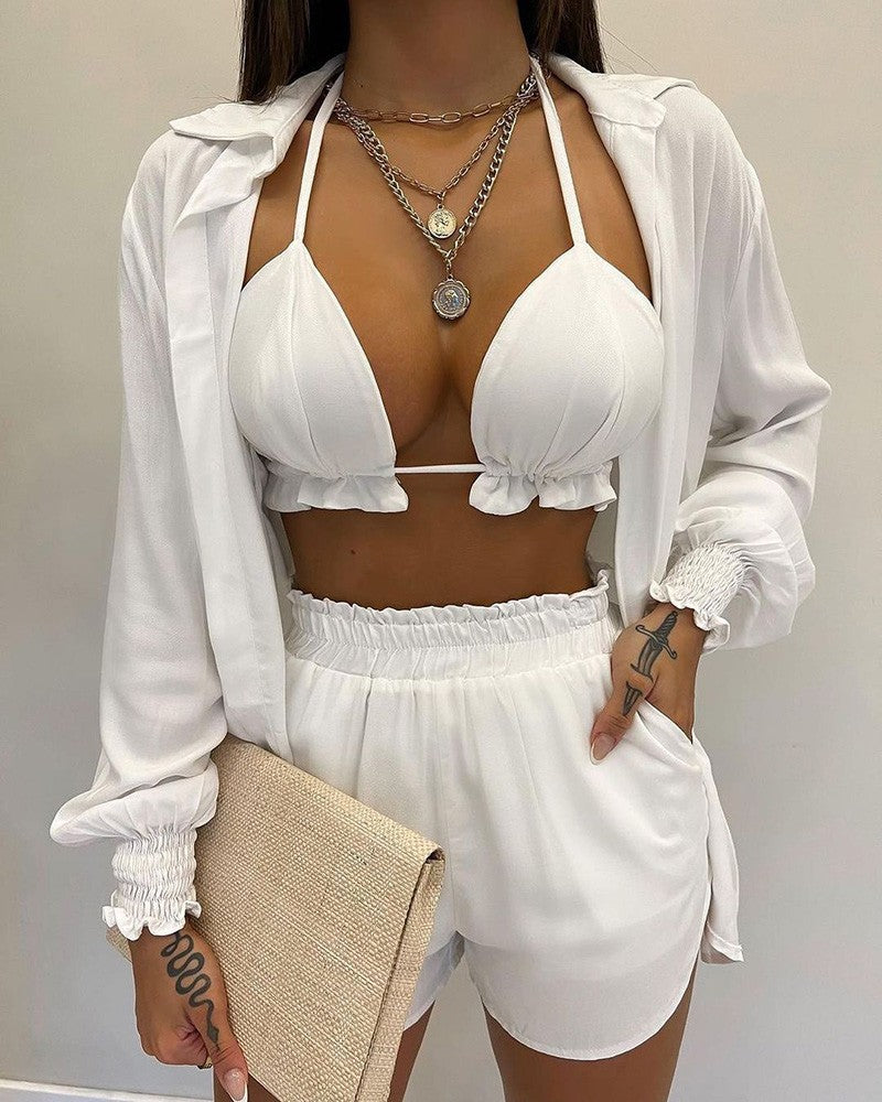 Tropical Print Lantern Sleeve Shirt and Shorts Set