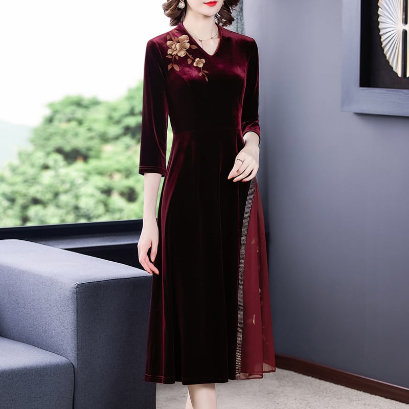 High-End Western Style Long Sleeve Gold Velvet Dress