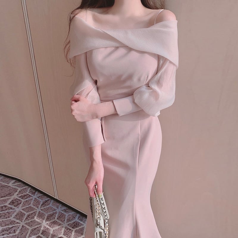 Off-the-Shoulder Bubble Sleeve Fishtail Dress for Women