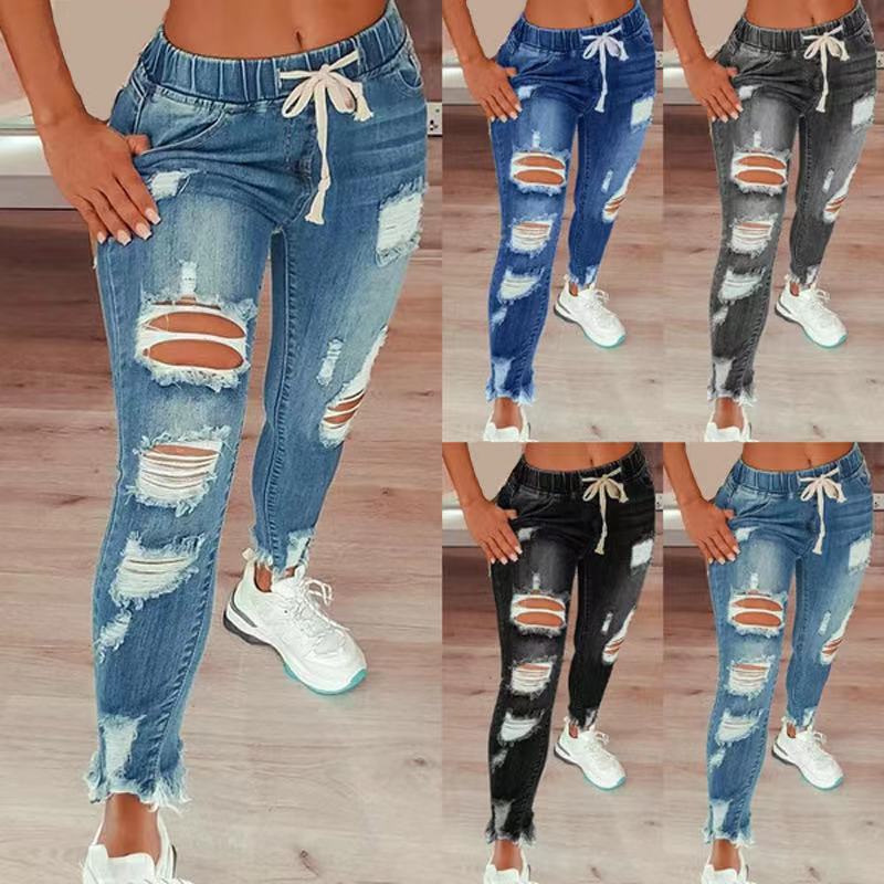Women's High Stretch Ripped Denim Pencil Pants (Large Size)