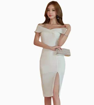 New Sexy V-Neck Fitted White Dress with Slit
