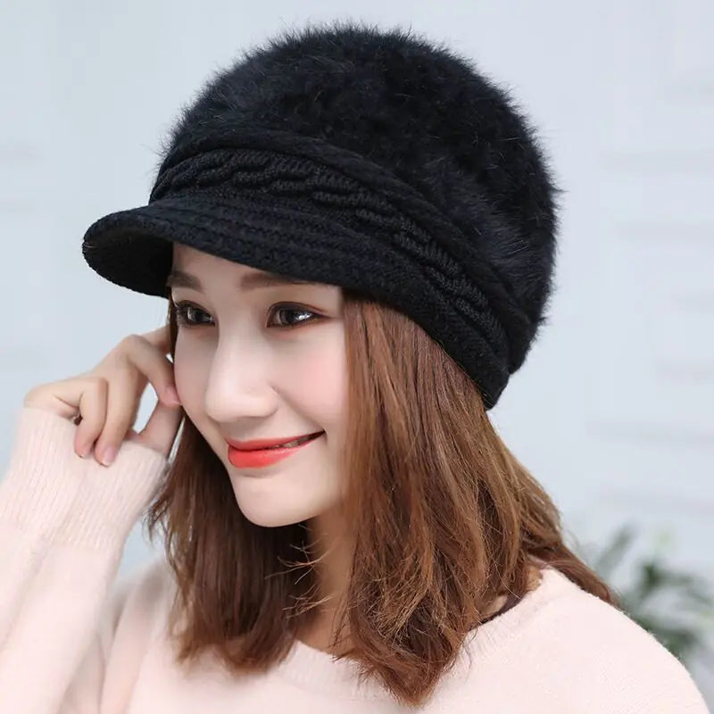 Winter Knitted Hooded Cap with Rabbit Fur for Women