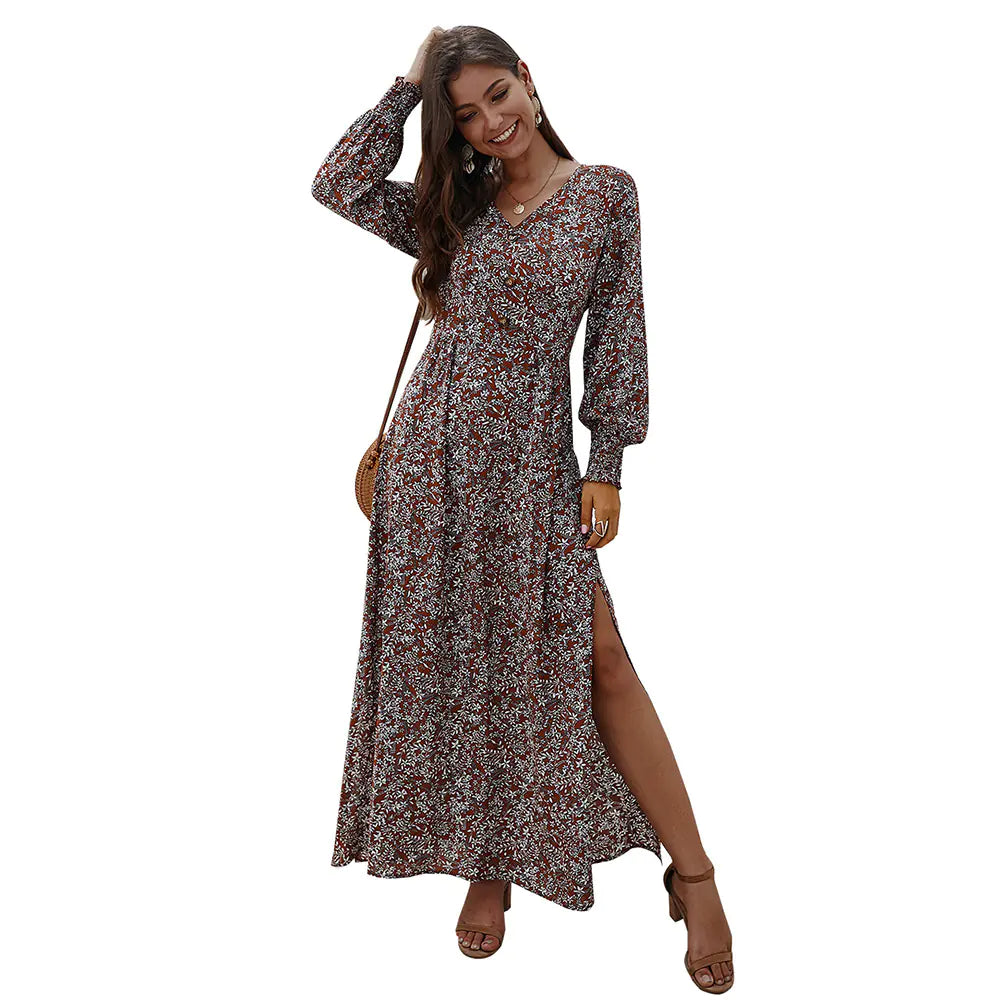 Vintage Floral Maxi Dress with Lantern Sleeves