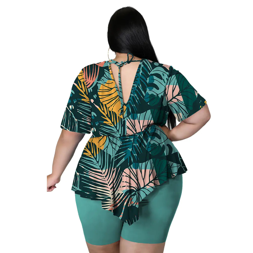 Large Women's Print Two-Piece T-Shirt and Shorts Set