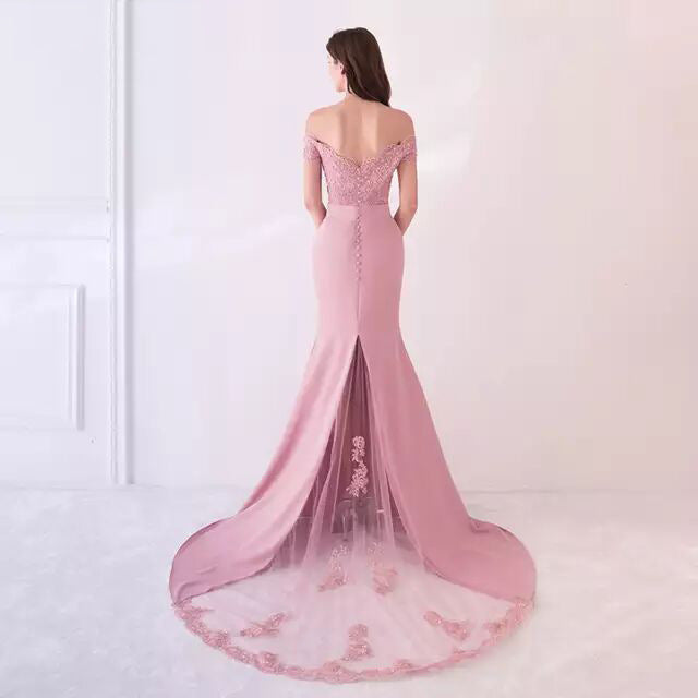 Long Mermaid Fitted Off-the-Shoulder Evening Gown