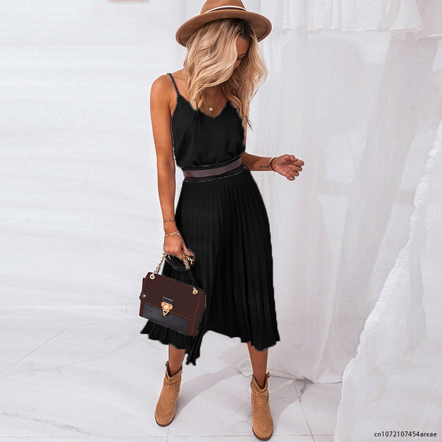Vintage Summer Strap Pleated V-Neck Midi Dress