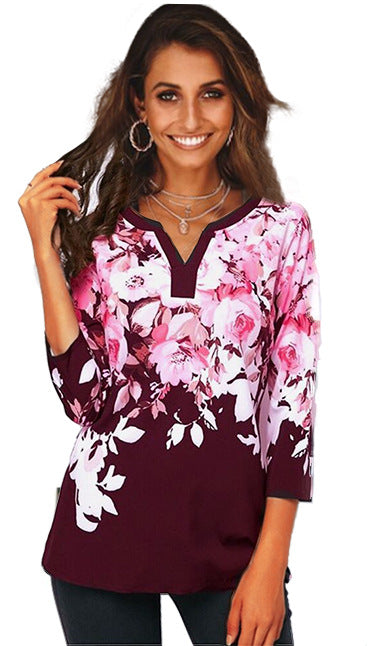 European Women's T-Shirt, V-Neck Printed Top
