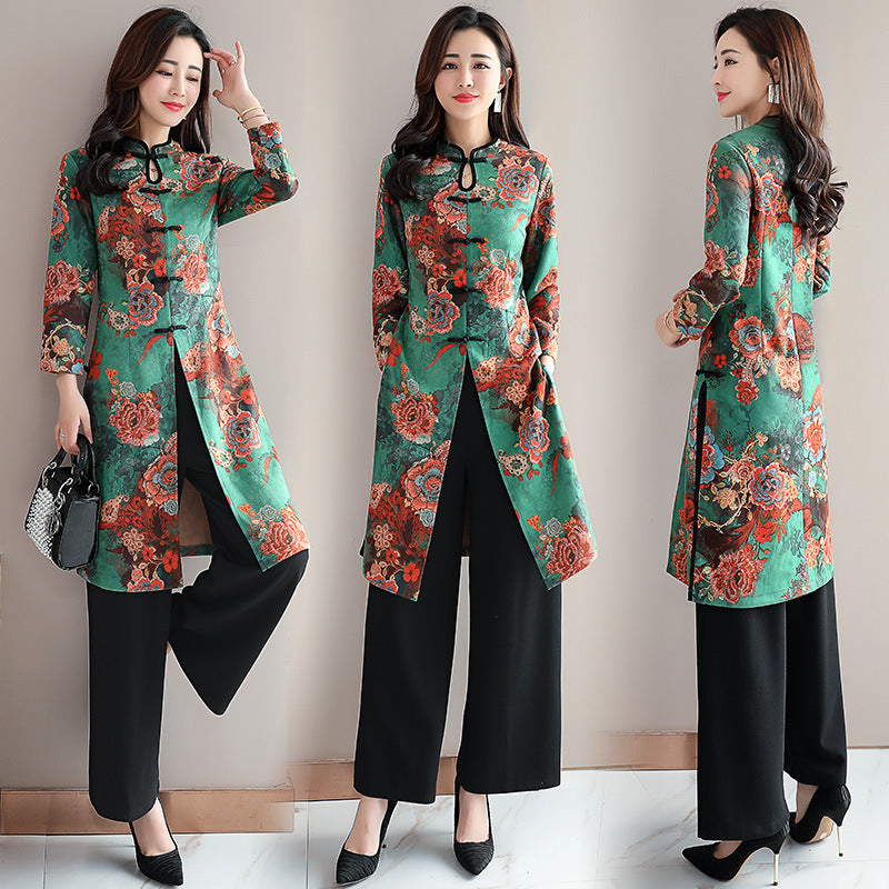 Chinese Style Improved Ao Dai Dress with Wide Leg Pants Set
