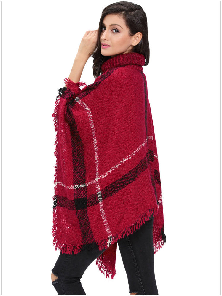 Knit Sweater with Turtleneck and Fringe Cape Design