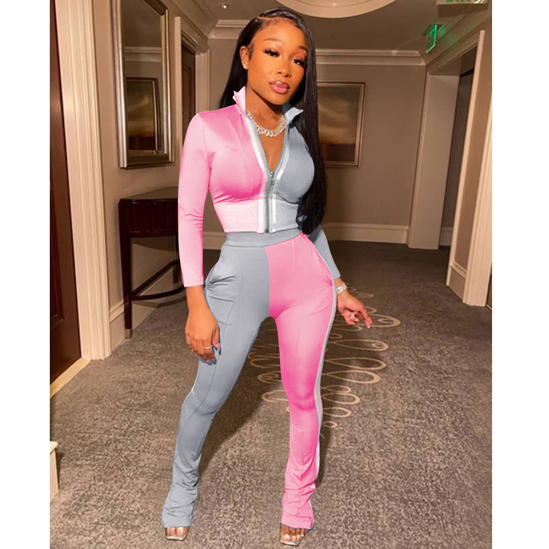 Fashionable Color-Blocked Sports Two-Piece Set for Women