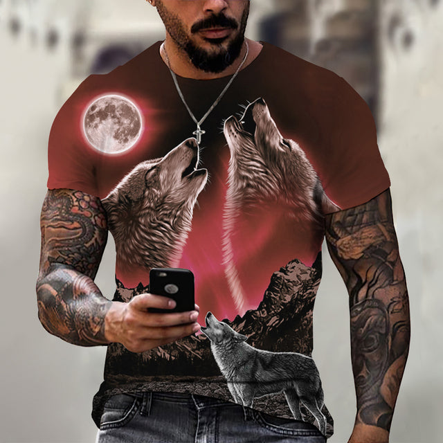 Men's Casual Short Sleeve T-Shirt with Wolf Pattern