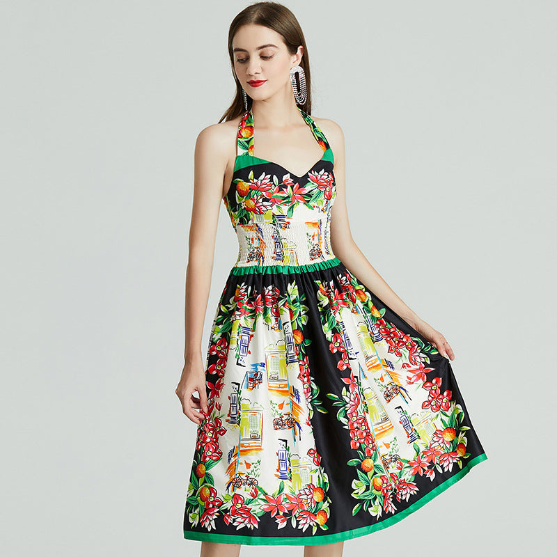Tight-Waist Western-Style Print Holiday Dress