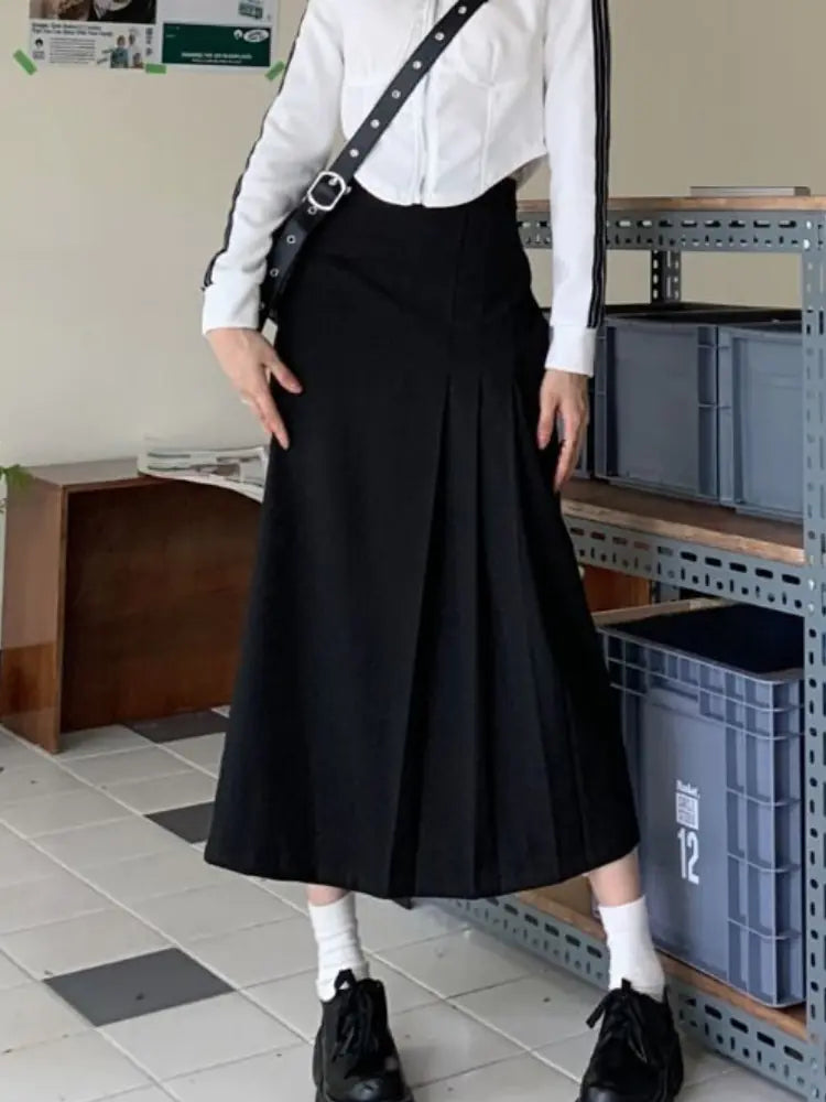 Retro Y2K Splicing Pleated Long Skirt for Women