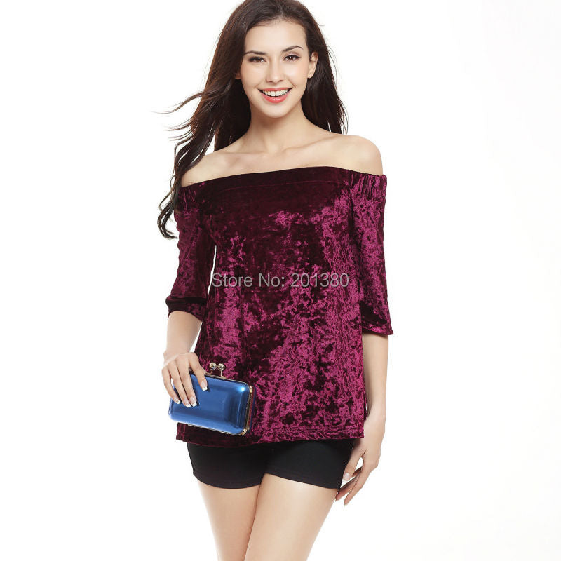 Fashion Women's Velvet Slash Neck T-Shirt for Summer