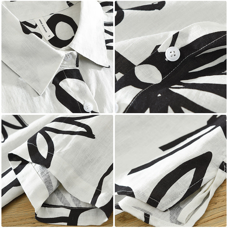 Men's Retro Floral Print Linen Short Sleeve Shirt