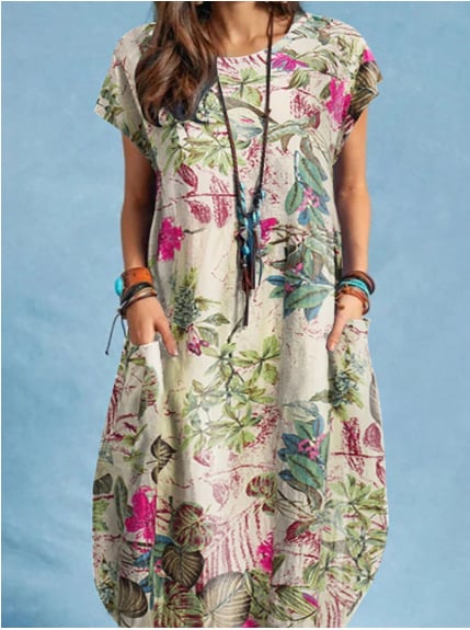 Women's Cotton Linen Plant Print Round Neck Casual Dress