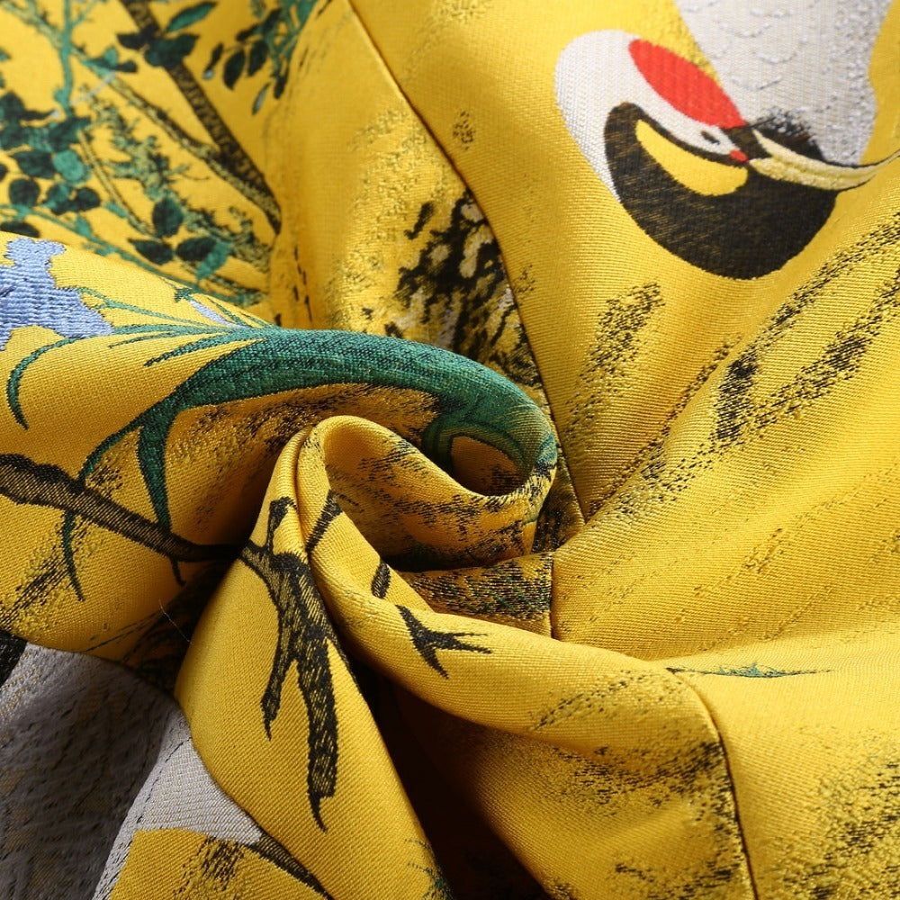 Men's Gold Yellow 4-Piece Jacquard Suit Set with Crane Pattern