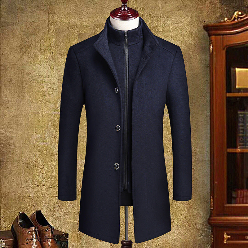 Men's Mid-Length Woolen Coat with Detachable Liner