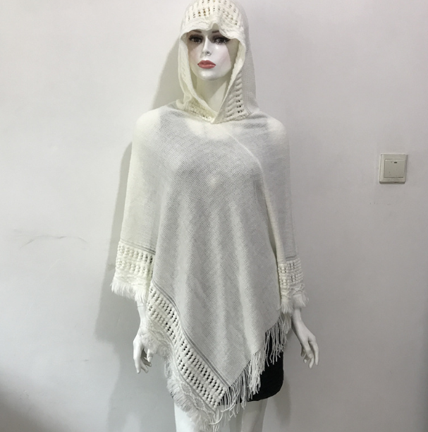 Hooded Solid Color Fringe Cape Shawl