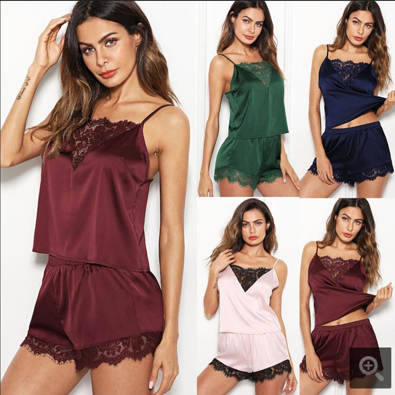 Summer Satin Lace Pajamas Set for Women (2-Piece)