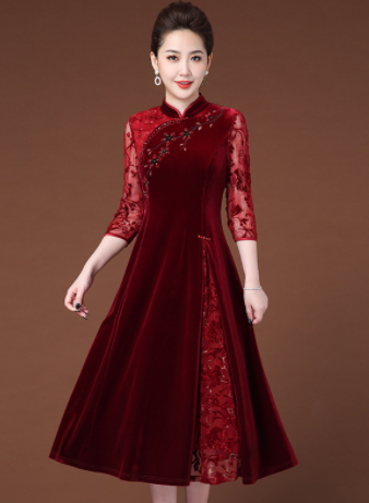 High-End Western Style Long Sleeve Gold Velvet Dress