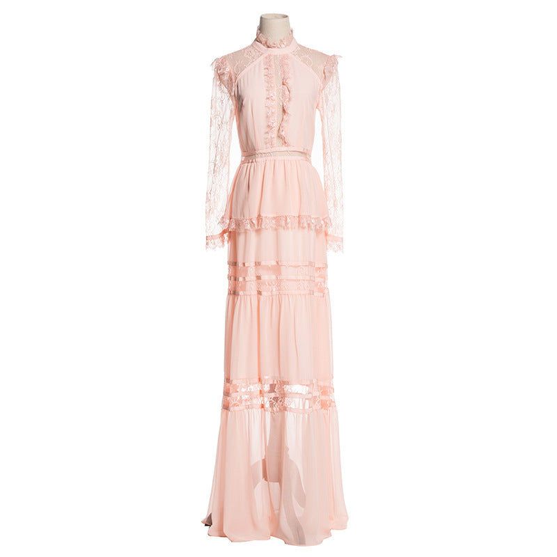 Elegant Lace Sheer Long Dress with Court Style