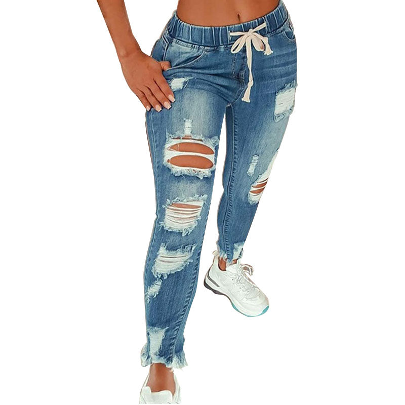 Women's High Stretch Ripped Denim Pencil Pants (Large Size)