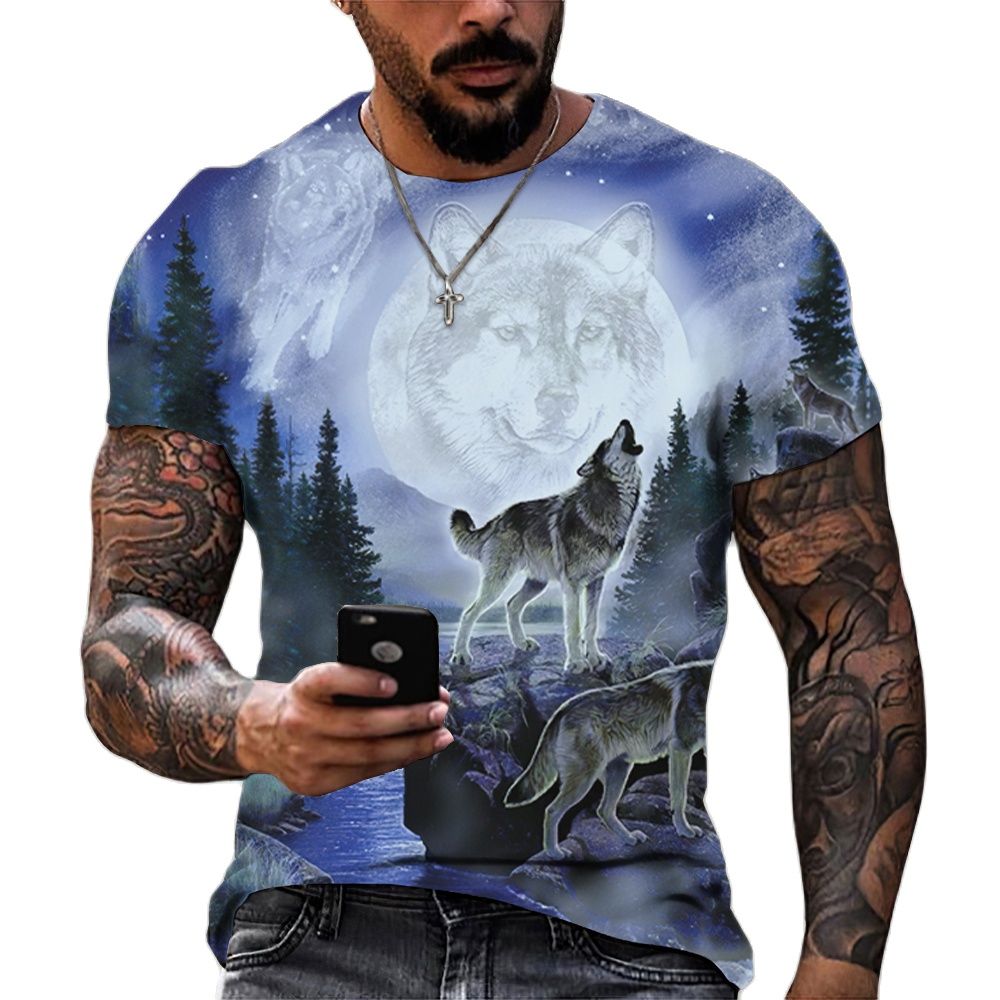 Men's Casual Short Sleeve T-Shirt with Wolf Pattern