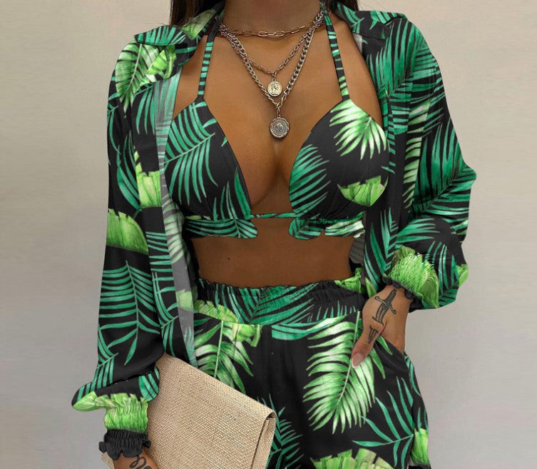 Tropical Print Lantern Sleeve Shirt and Shorts Set