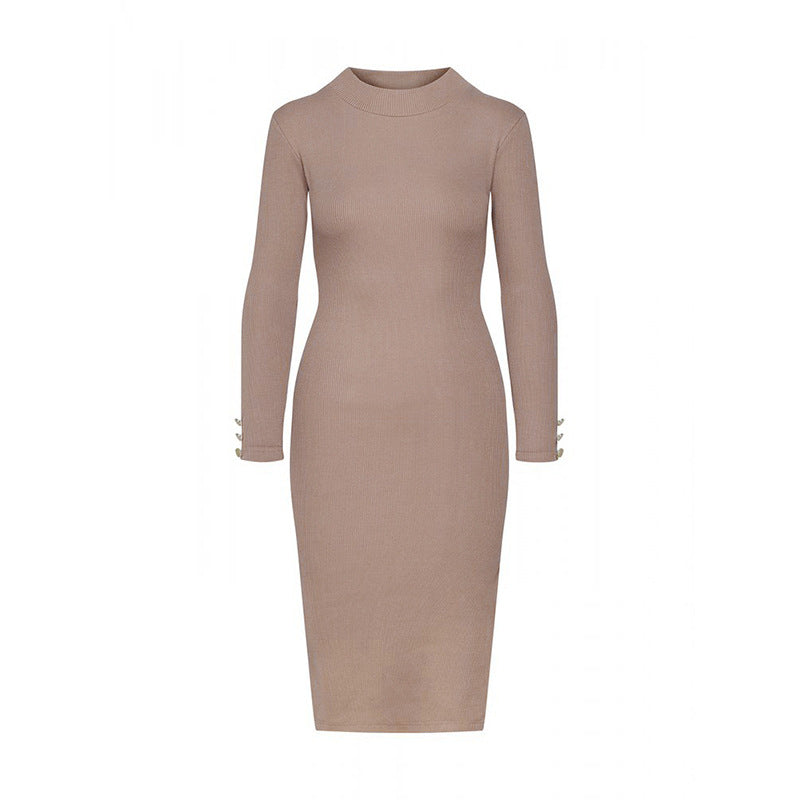 Button-Detail Split Dress in Minimalist Camel Color