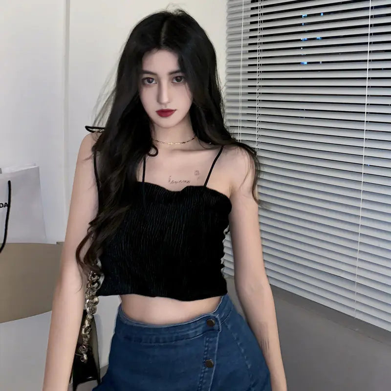 Versatile Velvet Crop Tank Top with Straps