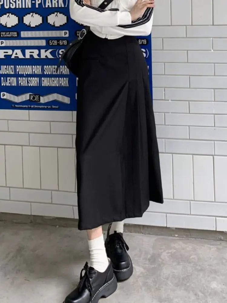 Retro Y2K Splicing Pleated Long Skirt for Women