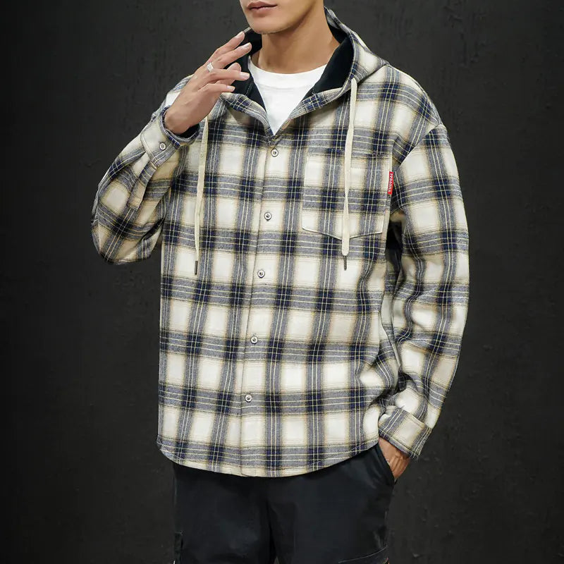 Thick Warm Black Plaid Hooded Velvet Shirt (Plus Size)