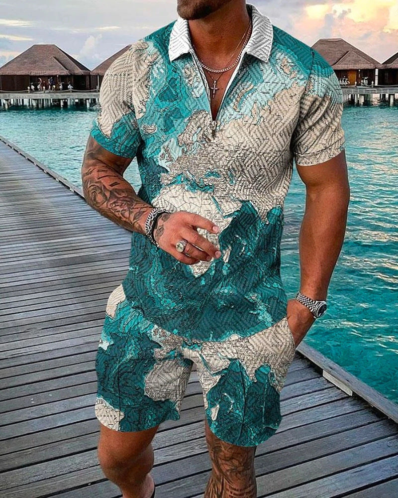 Men's Casual 3D Printed Polo Shirt and Shorts Set