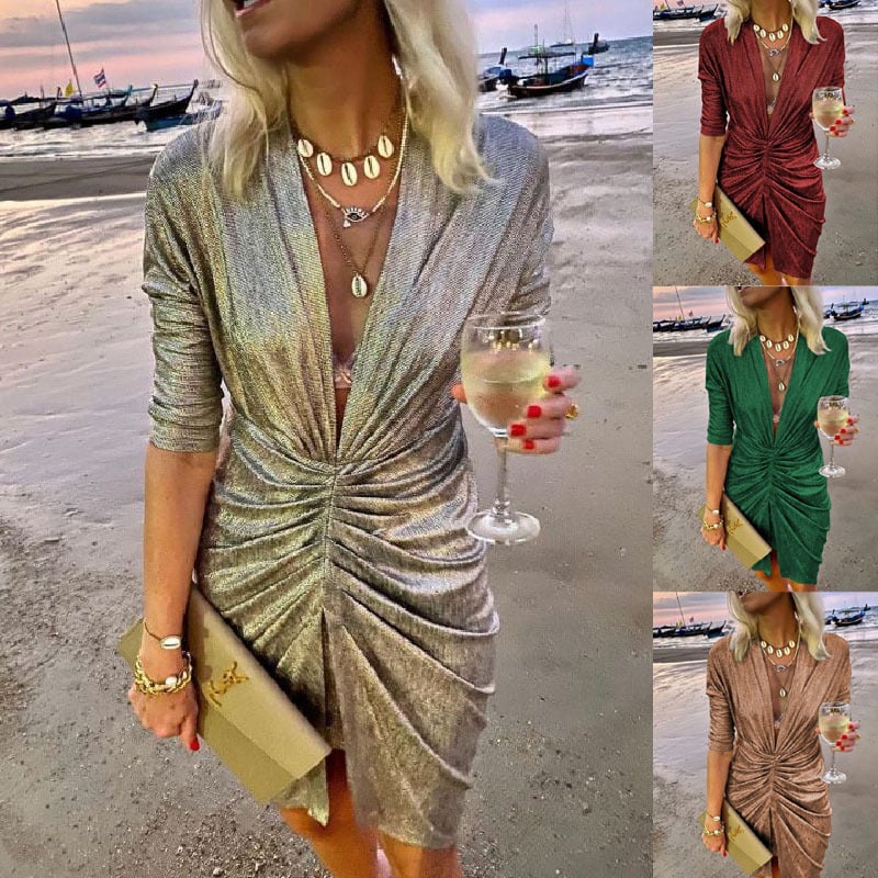 V-neck Pleated Long Sleeve Dress for Spring/Summer