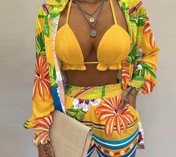 Tropical Print Lantern Sleeve Shirt and Shorts Set