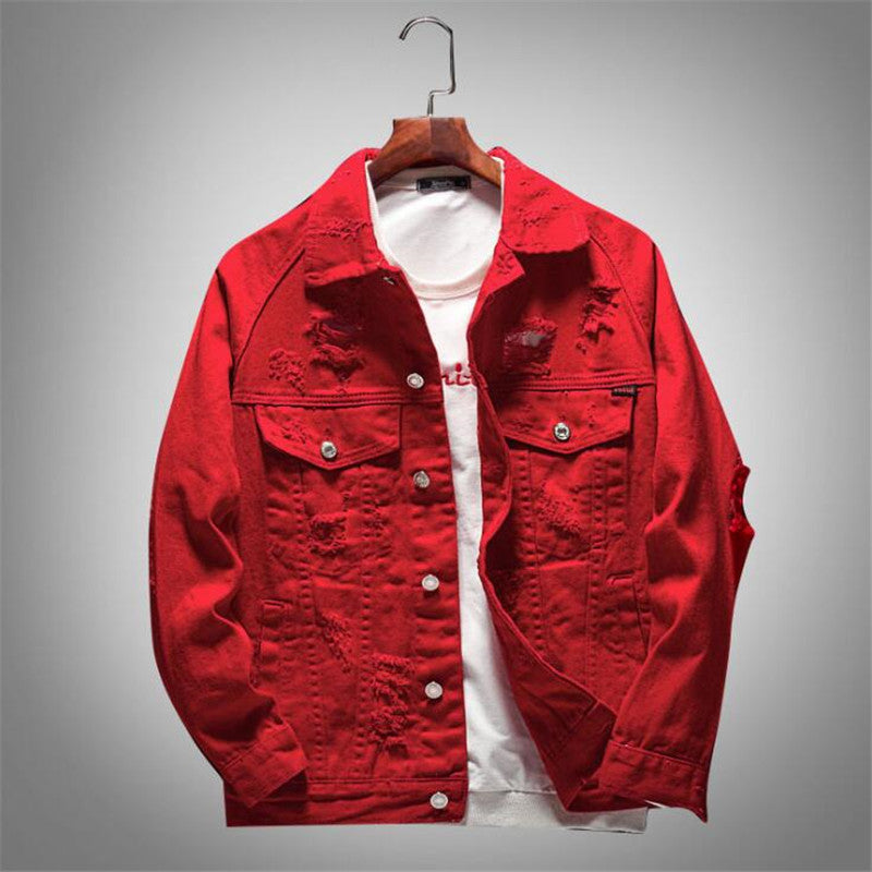 Men's Red Oversized Denim Jacket with Embroidery