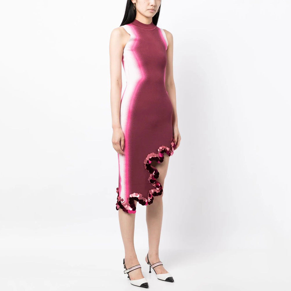 Sleeveless Knitted Dress with Gradient Wavy Edges